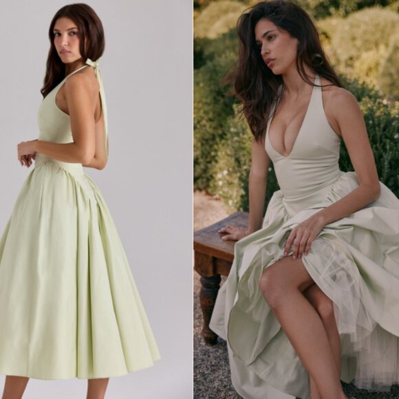 House of CB 'Marilyn' Pistachio Cotton Halter Midi Sundress NWOT - Picture 2 of 4